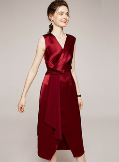 Satin V-neck Asymmetric Slim A-line Dress