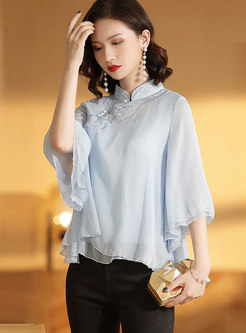 Retro Stand Collar Embroidered Loose Top