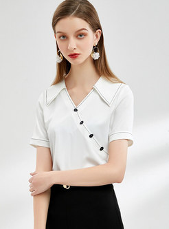 Lapel Top Stitched Buttoned Pullover Blouse