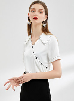 Lapel Top Stitched Buttoned Pullover Blouse