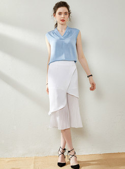 Solid Color V-neck Sleeveless Silk Top