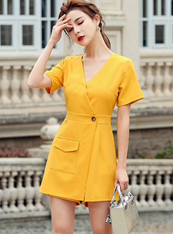 Pure Color V-neck Gathered Waist Rompers