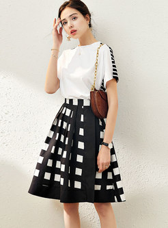 Pullover Stripe Patchwork T-shirt & Plaid A Line Skirt