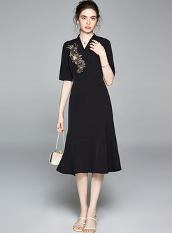 Elegant V-neck Embroidered Peplum Dress