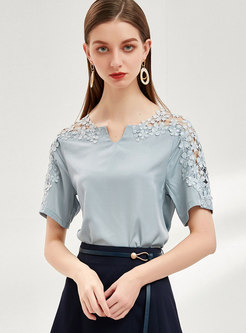 Lace Patchwork V-neck Openwork Blouse