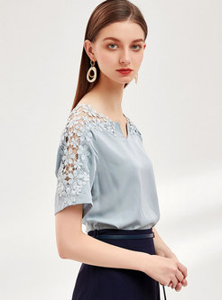Lace Patchwork V-neck Openwork Blouse