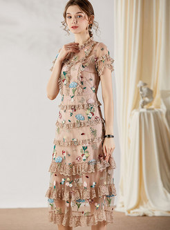 Stand Collar Mesh Embroidered Cake Dress