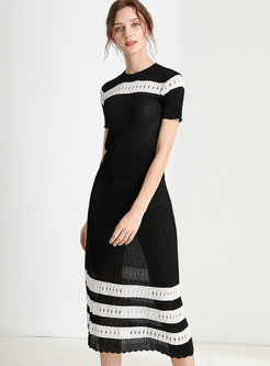Color Block Openwork Knitted Skirt Suits