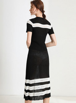 Color Block Openwork Knitted Skirt Suits