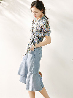 Floral Wrap Top & Denim Peplum Skirt