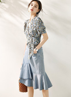 Floral Wrap Top & Denim Peplum Skirt