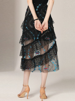 Mesh Embroidered Layered A-line Skirt