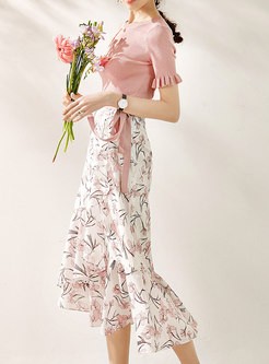 Open Shoulder Knit Top & Floral Peplum Skirt