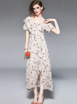 Floral Open Shoulder Asymmetric Ruffle Maxi Dress