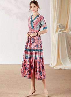 Bohemia Print Gathered Waist Maxi Dress