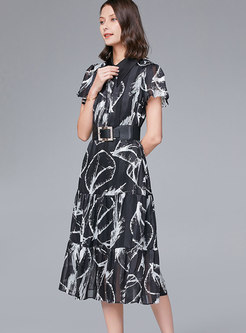 Print Lapel High Waisted Belted Midi Dress