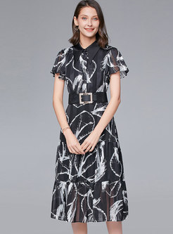 Print Lapel High Waisted Belted Midi Dress