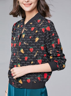Strawberry Print Full-zip Short Jacket
