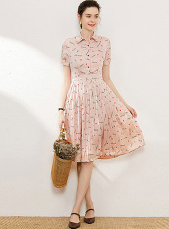 Sweet Button-front Print Pleated Skater Dress
