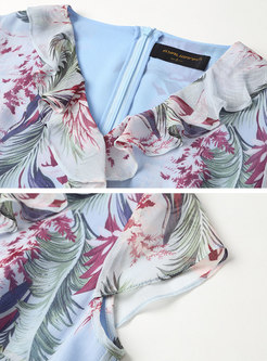 V-neck Print Asymmetric Ruffle Skater Dress