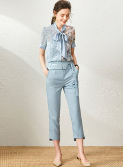 Tie-collar Print Patchwork Cropped Pant Suits