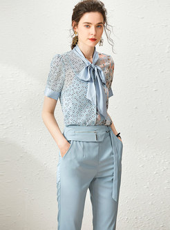 Tie-collar Print Patchwork Cropped Pant Suits