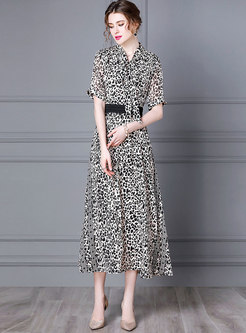 Leopard Tie-collar Gathered Waist Maxi Dress