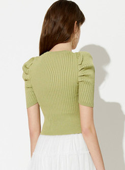 V-neck Ribbed Button-front Cropped Knit Top