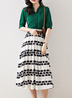 Half Sleeve Blouse & Print Pleated Midi Skirt