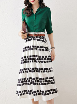 Half Sleeve Blouse & Print Pleated Midi Skirt