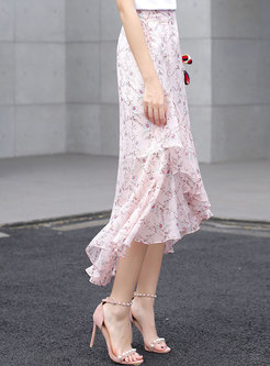 Chiffon Floral Asymmetric Ruffel Skirt