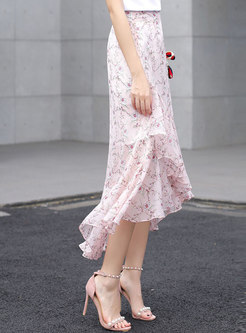 Chiffon Floral Asymmetric Ruffel Skirt