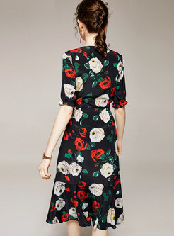 V-neck Print High Waisted Slit Peplum Dress