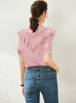 Lace Patchwork Stand Collar Ruffle Blouse