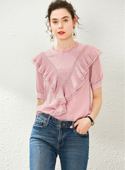 Lace Patchwork Stand Collar Ruffle Blouse