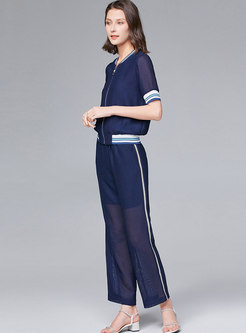 Striped Patchwork Perspective Casual Pant Suits