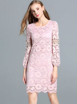 Pink Lace Beaded Openwork Bodycon Dress