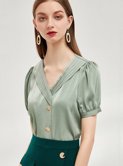V-neck Puff Sleeve Ruched Pullover Blouse