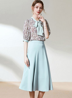 V-neck Bowknot Floral A-line Skirt Suits