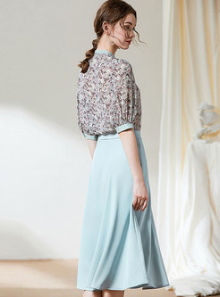 V-neck Bowknot Floral A-line Skirt Suits