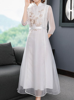 Mandarin Collar Mesh Embroidered Bridesmaid Dress