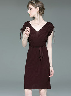 V-neck Drawcord Tied Knitted Bodycon Dress