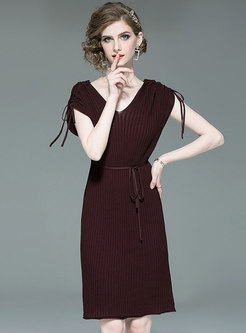 V-neck Drawcord Tied Knitted Bodycon Dress