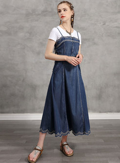 Retro Embroidered Denim Slip Maxi Dress