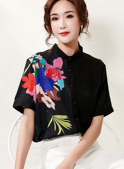Stand Collar Print Single-breasted Blouse