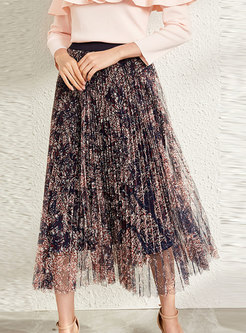 Floral High Waisted Pleated A-line Skirt