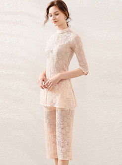 Stand Collar Lace Openwork Slim Pant Suits