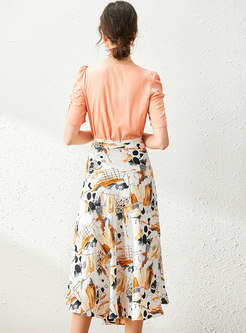 V-neck Ruched Slim Top & Print A-line Skirt