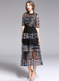 Lace Embroidered Perspective Mock Neck Maxi Dress