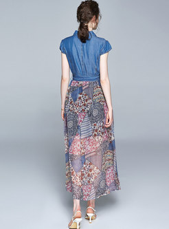 Denim Patchwork Print Belted Maxi Dress